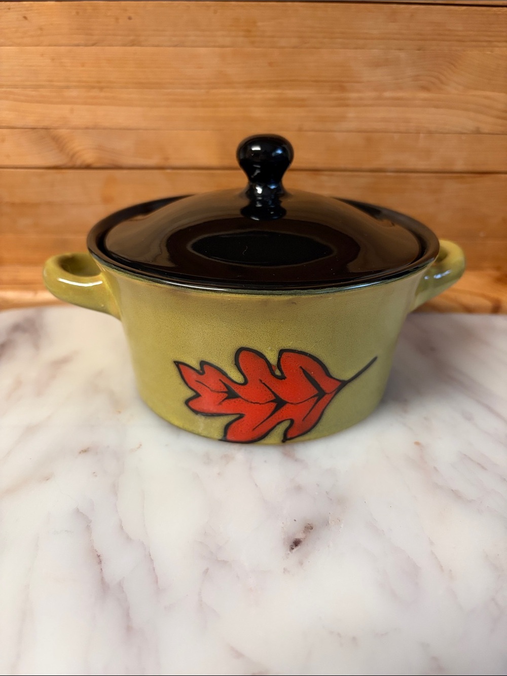 Green Ceramic Covered Casserole with Red Leaf Accent